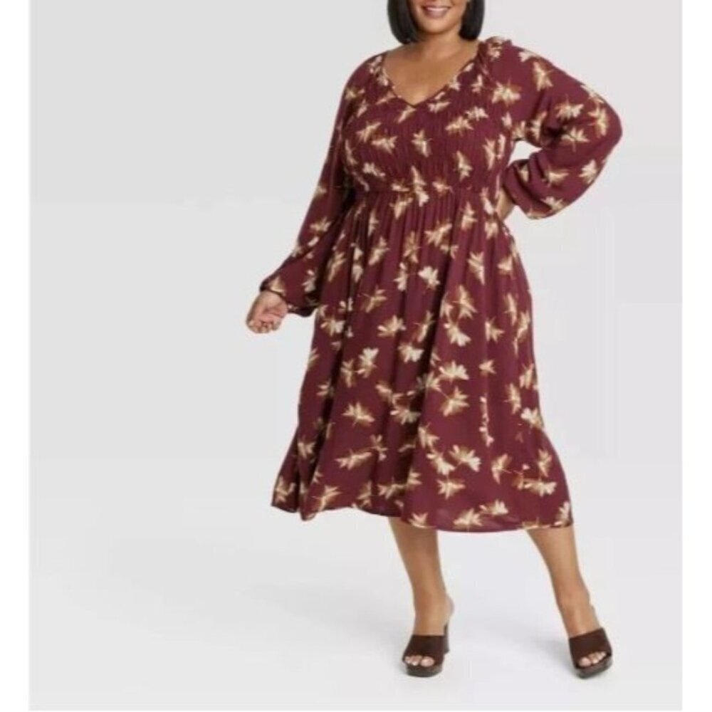 Ava and Viv Dress Womens 2X Maroon Floral Smocked Midi Long Sleeve Cottagecore